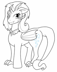 Size: 816x1019 | Tagged: safe, artist:jolliapplegirl, derpibooru import, oc, oc only, oc:permanent rarity, dracony, dragon, hybrid, pony, horn, monochrome, solo