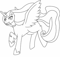 Size: 1280x1221 | Tagged: safe, artist:jolliapplegirl, derpibooru import, oc, oc only, oc:olive, alicorn, pony, fallout equestria, alicorn oc, artificial alicorn, black and white, fallout equestria oc, fanfic, fanfic art, female, grayscale, green alicorn (fo:e), hooves, horn, lineart, mare, monochrome, open mouth, scar, solo, spread wings, wings