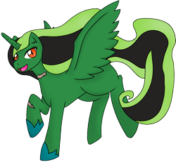 Size: 1280x1221 | Tagged: safe, artist:jolliapplegirl, derpibooru import, oc, oc only, oc:olive, alicorn, pony, fallout equestria, alicorn oc, artificial alicorn, fallout equestria oc, fanfic, fanfic art, female, green alicorn (fo:e), hooves, horn, mare, open mouth, scar, solo, spread wings, wings