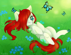 Size: 900x700 | Tagged: safe, artist:crystalfilth, derpibooru import, oc, oc only, oc:primavera, butterfly, earth pony, pony, digital art, flower, grass, happy, lying, on back, redhead, smiling, solo, spring