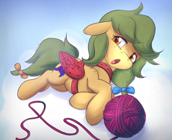 Size: 1280x1038 | Tagged: safe, artist:replacer808, derpibooru import, oc, oc only, oc:sugarsnap, bow, fake wings, hair bow, open mouth, solo, tail bow, yarn, yarn ball