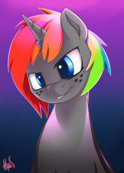 Size: 800x1116 | Tagged: safe, artist:sea-maas, derpibooru import, oc, oc only, oc:krylone, pony, unicorn, freckles, horn ring, male, rainbow hair, solo, stare