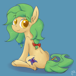 Size: 2480x2480 | Tagged: safe, artist:replacer808, derpibooru import, oc, oc only, oc:sugarsnap, earth pony, pony, looking at you, looking back, simple background, sitting, solo