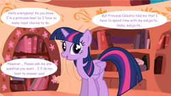 Size: 1280x720 | Tagged: safe, artist:hakunohamikage, twilight sparkle, twilight sparkle (alicorn), alicorn, pony, ask, ask-princesssparkle, golden oaks library, solo, tumblr