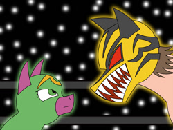 Size: 1129x850 | Tagged: safe, artist:combatkaiser, derpibooru import, cherry blossom (idw), cowl, crossover, mask, mystery mare, ponified, pro wrestling, this will end in tears and/or death, tiger mask w, yellow devil