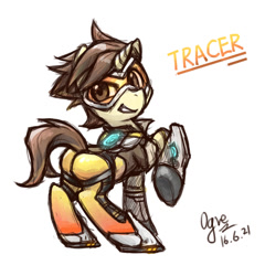 Size: 1152x1200 | Tagged: safe, artist:ogre, derpibooru import, overwatch, pixiv, plot, ponified, solo, tracer, tracer's butt pose, video game