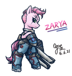 Size: 1132x1200 | Tagged: safe, artist:ogre, derpibooru import, pony, bipedal, overwatch, pixiv, ponified, solo, video game, zarya