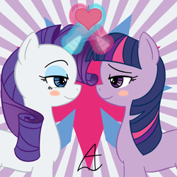 Size: 1200x1200 | Tagged: safe, artist:acesrockz, derpibooru import, rarity, twilight sparkle, pony, unicorn, blush sticker, blushing, eye contact, female, heart, lesbian, lidded eyes, looking at each other, magic, rarilight, shipping, smiling