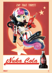 Size: 1208x1710 | Tagged: safe, artist:supermare, derpibooru import, bon bon, sweetie drops, fallout, midriff, nuka cola, nuka girl, poster, soda, solo, spacesuit