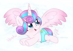 Size: 1270x900 | Tagged: safe, artist:joakaha, princess flurry heart, alicorn, pony, baby, baby pony, cute, diaper, flurrybetes, flying, laughing, looking back, smiling, solo, spread wings, wings