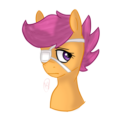 Size: 1240x1200 | Tagged: safe, artist:universe-fairy, derpibooru import, scootaloo, eyepatch, frown, solo