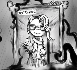 Size: 708x647 | Tagged: safe, artist:cookiedesu, derpibooru import, pony, worm, crossover, dialogue, eleven, flower, mirror, monochrome, stranger things, vase