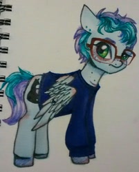 Size: 1075x1337 | Tagged: safe, artist:hippykat13, derpibooru import, oc, oc only, oc:kitty sweet, pegasus, pony, bags under eyes, clothes, drool, fangs, freckles, glasses, piercing, ponysona, scar, short hair, short mane, solo, traditional art