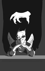 Size: 710x1124 | Tagged: safe, artist:rublegun, derpibooru import, oc, oc only, oc:gawdyna grimfeathers, griffon, fallout equestria, adult, black and white, body armor, clothes, fallout, female, flag, grayscale, hands together, jacket, junction r-7, mercenary, monochrome, scar, shoulder pads, solo, talon merc, talons