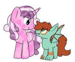 Size: 1280x1067 | Tagged: safe, artist:rainbowmelody, derpibooru import, oc, oc only, oc:quartz horn, oc:scales, bat pony, crystal pony, dracony, hybrid, pony, unicorn, colt, female, filly, male