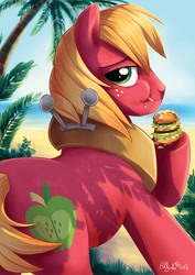 Size: 566x800 | Tagged: safe, artist:yulyeen, derpibooru import, big macintosh, earth pony, pony, big mac (burger), burger, eating, food, hamburger, male, mcdonald's, ponies eating meat, solo, stallion