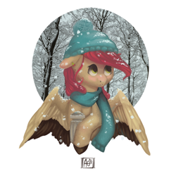 Size: 2480x2480 | Tagged: safe, artist:domidelance, derpibooru import, oc, oc only, pegasus, pony, clothes, floppy ears, hat, head turn, looking away, looking up, scarf, snow, snowfall, solo, spread wings, wings, winter