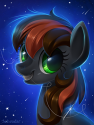 Size: 768x1024 | Tagged: safe, artist:scheadar, derpibooru import, oc, oc only, oc:acid etching, pony, bust, shooting star, solo, stars