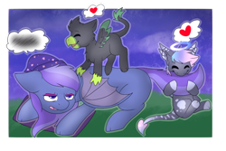 Size: 1024x683 | Tagged: safe, artist:silvercobra236, derpibooru import, oc, oc only, oc:geli shine, oc:lightning fluff, oc:torpid astrum, bat pony, griffon, pony, grumpy, happy, pillow, sleeping, trio