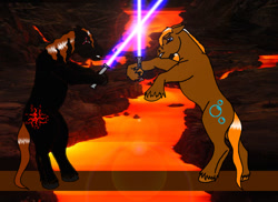 Size: 800x582 | Tagged: safe, artist:kateskywalker, derpibooru import, pony, anakin skywalker, fight, hoof hold, lightsaber, obi wan kenobi, parody, ponified, revenge of the sith, star wars, volcano, weapon