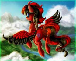 Size: 1024x819 | Tagged: safe, artist:aschenstern, derpibooru import, oc, oc only, ferret, cloud, commission, flying, forest, holding on, mountain, pet, plot, river, sky, smiling, solo, underhoof