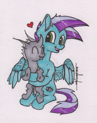 Size: 600x760 | Tagged: safe, artist:shikogo, derpibooru import, oc, oc only, oc:lightning bug, changeling, pegasus, pony, cuddling, cute, cuteling, duo, heart, snuggling