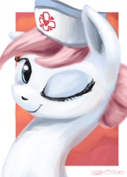 Size: 1280x1792 | Tagged: safe, artist:desertfox500, nurse redheart, pony, 30 minute art challenge, bust, one eye closed, smiling, solo, wink