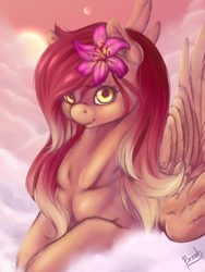 Size: 1024x1365 | Tagged: safe, artist:lazyeva, derpibooru import, oc, oc only, oc:honolulu sunset, pegasus, pony, cloud, flower, flower in hair, prone, solo