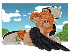 Size: 2781x2071 | Tagged: safe, artist:ognevitsa, derpibooru import, oc, oc only, earth pony, pegasus, pony, hug, male, straight, winghug