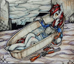 Size: 2285x1979 | Tagged: safe, artist:enjaadjital, derpibooru import, oc, oc only, oc:blackjack, pony, unicorn, fallout equestria, alcohol, bathtub, gun, shotgun, weapon, whiskey