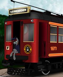 Size: 1610x1976 | Tagged: safe, artist:subway777, derpibooru import, oc, oc only, earth pony, pony, clothes, conductor, crossed legs, sitting, train, tram, trolley