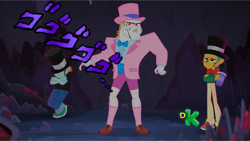 Size: 1280x720 | Tagged: safe, derpibooru import, edit, edited screencap, screencap, bulk biceps, snails, snips, equestria girls, legend of everfree, discovery kids, jojo's bizarre adventure, menacing, robert eo speedwagon