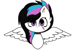 Size: 704x468 | Tagged: safe, artist:oreocat472, derpibooru import, oc, oc only, pegasus, pony, bust, choker, digital art, ear piercing, earring, jewelry, multicolored hair, piercing, portrait, simple background, solo, spiked choker, spread wings, transparent background, violet eyes, white pony