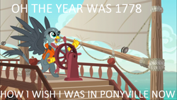 Size: 1280x720 | Tagged: safe, derpibooru import, edit, edited screencap, screencap, gabby, griffon, the fault in our cutie marks, barrett's privateers, caption, doomed, female, gabby's shanty, image macro, meme, ocean, pirate, sailing, sea shanty, ship, song reference, stan rogers, this will end in tears