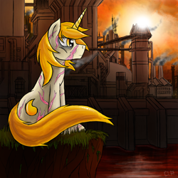 Size: 2500x2500 | Tagged: safe, artist:theomegaridley, derpibooru import, oc, oc only, oc:goldenblood, fallout equestria, fallout equestria: project horizons, scarred