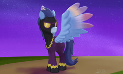 Size: 2407x1458 | Tagged: safe, artist:stillwaterspony, derpibooru import, oc, oc only, oc:still waters, pegasus, pony, clothes, dyed feathers, halloween costume, night, shadowbolts costume, solo, wings