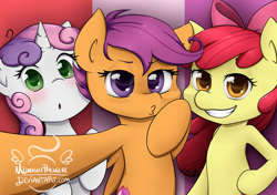 Size: 1246x879 | Tagged: safe, artist:midnightpremiere, derpibooru import, apple bloom, scootaloo, sweetie belle, adorabloom, cute, cutealoo, cutie mark, cutie mark crusaders, diasweetes, duckface, looking at you, selfie, the cmc's cutie marks