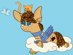 Size: 1024x768 | Tagged: safe, artist:hedgehog-plant, derpibooru import, oc, oc only, oc:catnap, butterfly, cat, earth pony, pony, artificial wings, augmented, cloud, mechanical wing, prone, unshorn fetlocks, wings