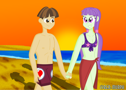 Size: 4134x2936 | Tagged: safe, artist:cyber-murph, derpibooru import, starlight, wiz kid, equestria girls, background human, bare chest, beach, belly button, bikini, breasts, care root, cleavage, clothes, delicious flat chest, female, front knot midriff, holding hands, male, midriff, sarong, shipping, small head, straight, sunset, swimsuit, topless, wizlight