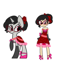 Size: 848x1084 | Tagged: safe, artist:obeliskgirljohanny, derpibooru import, oc, oc only, oc:seraphim cyanne, base used, clothes, dress, gala dress, glasses, human and pony, solo