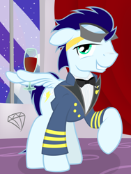 Size: 1024x1365 | Tagged: safe, artist:taharon, derpibooru import, soarin', pony, alcohol, backwards cutie mark, clothes, goggles, solo, uniform, wine, wing hold