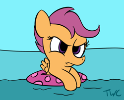 Size: 990x800 | Tagged: safe, artist:tellywebcartoons, derpibooru import, scootaloo, 30 minute art challenge, inner tube, solo, swimming, water