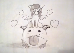 Size: 1280x917 | Tagged: safe, artist:php64, derpibooru import, oc, oc only, pegasus, pony, league of legends, looking at you, monochrome, poro, solo, traditional art