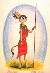 Size: 1048x1532 | Tagged: safe, artist:thefriendlyelephant, derpibooru import, oc, oc only, oc:nuk, antelope, anthro, gerenuk, unguligrade anthro, africa, african culture, animal in mlp form, beads, bracelet, ear piercing, earring, jewelry, masai warrior, necklace, piercing, spear, traditional art, weapon