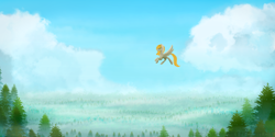 Size: 4000x2000 | Tagged: safe, artist:isorrayi, oc, oc only, pegasus, pony, flying, fog, forest, scenery, solo, spread wings