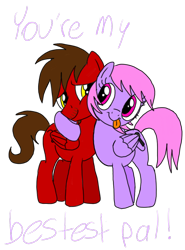 Size: 672x906 | Tagged: safe, artist:toyminator900, derpibooru import, oc, oc only, oc:chip, oc:melody notes, pegasus, pony, :p, duo, hug, melochip, simple background, smiling, tongue out, transparent background