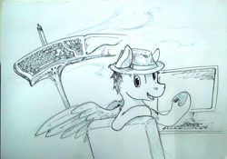 Size: 1280x894 | Tagged: safe, artist:php64, derpibooru import, oc, oc only, pegasus, pony, fedora, hat, keyboard scythe, monochrome, solo, traditional art