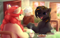 Size: 1024x649 | Tagged: safe, artist:peachmayflower, oc, oc only, oc:peach, pony, unicorn, apple, coffee, cookie, female, food, mare, table