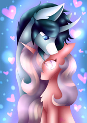 Size: 1600x2263 | Tagged: safe, artist:hikkamm, oc, oc only, oc:abyssal, oc:wasat, pony, unicorn, female, heart, male, mare, oc x oc, shipping, stallion, straight, watermark