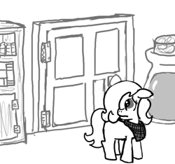 Size: 640x600 | Tagged: safe, artist:ficficponyfic, derpibooru import, oc, oc only, oc:emerald jewel, earth pony, pony, bandana, bookshelf, child, colt, colt quest, cyoa, door, floppy ears, foal, frown, hair over one eye, male, monochrome, regret, shelf, shelves, solo, story included, worried